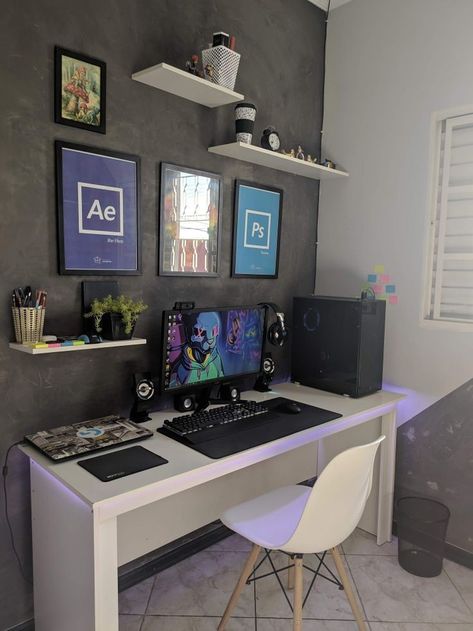 Setup Gamer Simples, Small Game Room Design, Gamer Girl Aesthetic, Small Room Setup, Aesthetic Gaming, Small Game Rooms, Mens Bedroom Decor, Home Studio Setup, Bedroom Setup