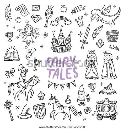 https://www.shutterstock.com/image-vector/black-white-fairy-tale-objects-cute-1335291200 Banner Doodle, White Fairy, School For Good And Evil, Kids Doodles, Fairy Illustration, Fairy Tale Books, Fairytale Illustration, Free Printable Coloring Pages, Doodle Drawings