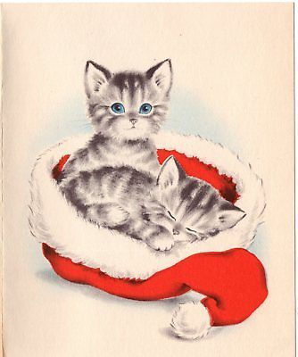 2 Kittens, Cat Christmas Cards, Kittens Vintage, Red Santa Hat, Vintage Christmas Wrapping Paper, Greeting Card Christmas, Vintage Holiday Cards, Vintage Christmas Greeting Cards, Christmas Kitten