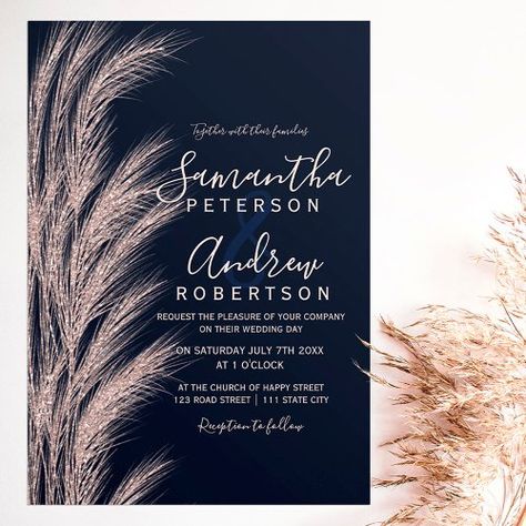 $2.80 | Pampas grass rose gold glitter navy blue wedding #typography, wedding, elegant, boho, pampas grass, hand painted, spring summer wedding, county outdoors, navy blue, rose gold glitter Ivory Wedding Decor, Champagne Wedding Themes, Rose Gold Boho, Navy Blue And Gold Wedding, Blue And Blush Wedding, Rose Gold Wedding Invitations, Blue Wedding Invitation, Navy Blue Wedding Invitations, Wedding Invitation Size