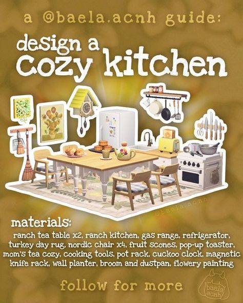 Baela / Animal Crossing Guides & Tips | 📌 SAVE THIS GUIDE and steal my method to designing a cozy kitchen in Animal Crossing! 🐸 follow @baela.acnh to play more Animal Crossing 🏝… | Instagram Acnh Guide, Happy Home Paradise, Acnh Cottagecore, Animal Crossing Guide, Island Theme, Animal Crossing Qr Codes Clothes, Animal Crossing Wild World, New Animal Crossing, Cozy Kitchen