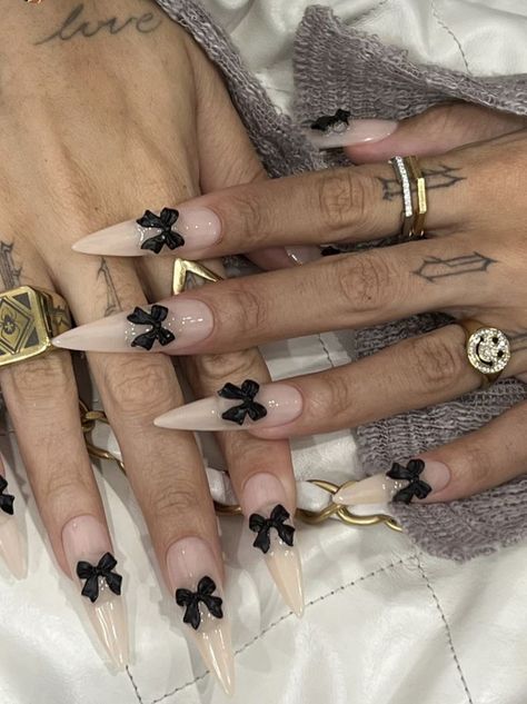 Nails Inspo Y2k, Black White Tattoo, Chanel Ribbon, Coquette Black, Bow Nails, Drip Nails, Dope Nail Designs, Long Acrylic Nails Coffin, Unique Acrylic Nails