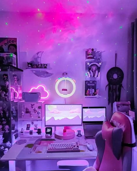 Pink Purple And Blue Gaming Setup, Setups Gaming, Small Gaming Room Ideas, Gamer Rooms, Bedroom Workspace, Gaming Bedroom, Small Game Rooms, Pink Studio, Gaming Desk Setup