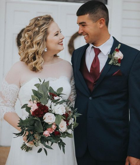 Burgundy, blush, white and cream wedding scheme come alive with this Bridal Bouquet and Boutonnière made with quicksand and blush pink roses, white and burgundy mums and mixed greenery. Bride And Groom Bouquet, Wedding Boutineers Burgundy, Wine Blush And Ivory Wedding, Burgundy And White Boutonniere, Burgundy And Blush Boutonniere, Burgundy Blush And Greenery Wedding, Burgundy And Blush Wedding Groomsmen, Burgundy And Cream Wedding, White And Cream Wedding