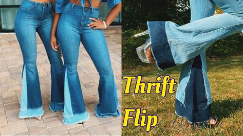 Diy your own two toned bell bottom jeans woth an added waistband! Check out the video and go see how to do it! Diy Flare Jeans Bell Bottoms, How To Make Bell Bottom Jeans Diy, How To Make Bell Bottom Jeans, Diy Bell Bottom Jeans, Diy Hippie Clothes, Diy Flare Jeans, Diy Bell Bottoms, Jeans Thrift Flip, Jeans Thrift