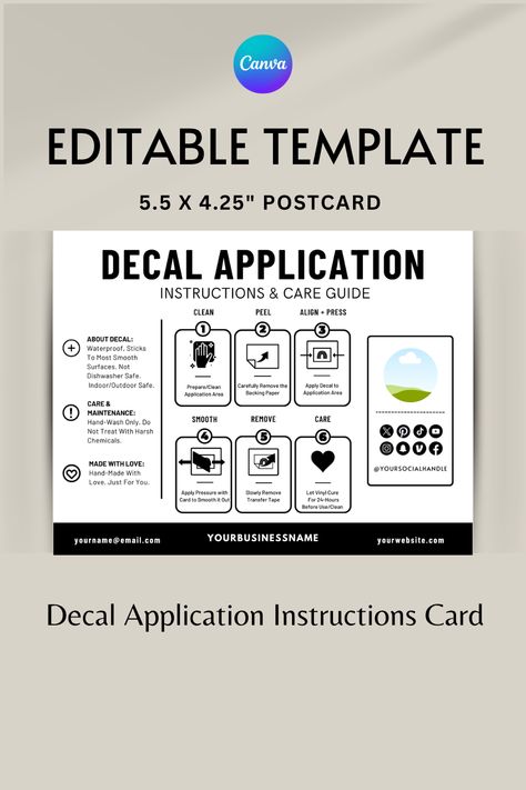 Fully-Editable Canva Template, express Brand instantly! Care Card insert, small business care card, canva template decal instructions, Canva Templates, Inspirational Decor, Card Business, Care Card, Printable Vinyl, Transfer Tape, Card Printable, Canva Templates, Canva Template, Digital Products