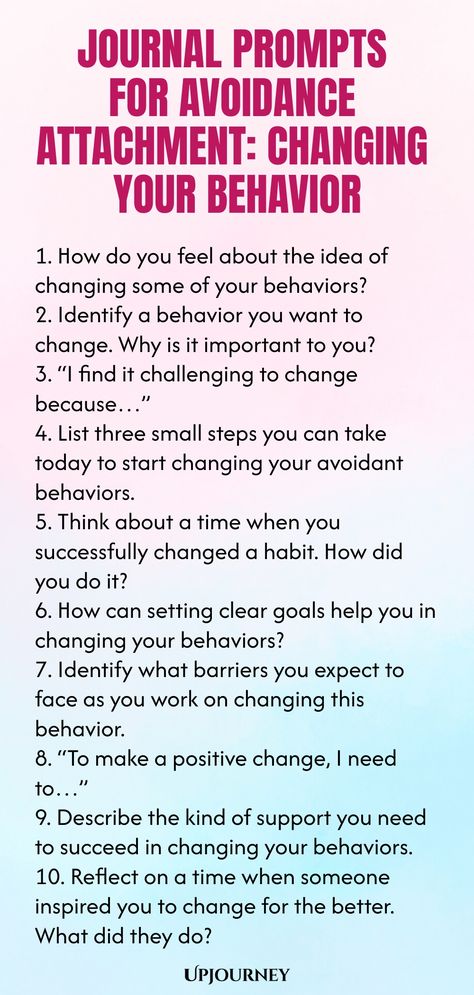 Explore these insightful journal prompts designed to help you reflect on and change avoidance attachment behaviors. By diving deep into your thoughts and emotions, you can take proactive steps towards healthier relationships and self-improvement. Use these prompts to gain clarity, identify patterns, and cultivate self-awareness on your journey of personal growth. Start rewriting your story today! Journal Prompts For Attachment, Avoidant Attachment Journal Prompts, Journal Prompts For Change, Work Etiquette, Psychology Terms, Ap Psychology, Relationship Quizzes, Inspiration Journal, Journal Questions