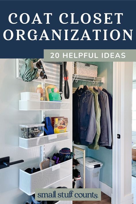 I recently decluttered and organized my small entryway coat closet and am blown away at just how much storage I was able to fit into this small space. Our messy coat closet always felt cluttered and way too small. But once I took the time to properly declutter the space and put some thought into a few strategic closet organizers, I was able to maximize the storage space in our small hall closet and make it a whole lot more functional for our busy family. Small Coat Closet Ideas, Entryway Coat Closet, Small Entry Closet, Entry Closet Organization, Coat Closet Makeover, Organizing Purses In Closet, Coat Closet Ideas, Small Coat Closet, Small House Organization