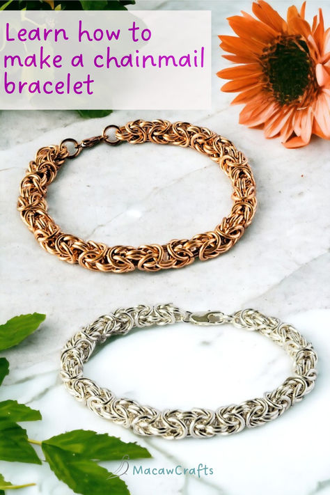 handmade bronze byzantine chainmail bracelet and the same in silver Chainmail Bracelet Tutorial, Byzantine Chainmaille Tutorial, Beginner Chainmaille Tutorial, Chain Bracelet Tutorial, Chainmaille Jewelry Patterns, Chain Bracelet Diy, Chainmaille Tutorial, Chainmaille Jewelry, Chainmail Bracelet