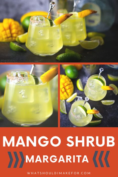 If you're looking for a twist on your summertime margarita, you'll love this mango shrub margarita. Made with a special shrub, tequila and lime juice, this is summer in a glass. Serve it with spicy salt, over ice and keep em coming! #whatshouldimakefor #mangoshrub #mangomargarita #mango #margaritas #summercocktail Margarita Cocktail Recipes, Healthy Cocktail Recipes, Shrub Recipe, Spicy Salt, Frozen Cocktail Recipes, Spicy Cocktail, Mango Margarita, Healthy Family Dinners, Easy Drink Recipes