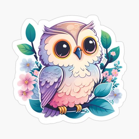 Cute Stickers Aesthetic Kawaii, Sticker Art Aesthetic, Colorful Owl Drawing, Cute Owl Art, Stickers For Print, Cute Owl Drawing, Cute Cat Stickers, Cute Owl Tattoo, Cute Animal Stickers