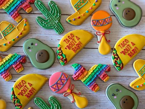 Mexican Theme Baby Shower, Taco Bout A Baby, Gender Reveal Cookies, Cutout Cookies, Orange Baby Shower, Baby Reveal Party, Mexican Party Theme, Baby Shower Crafts, Summer Baby Shower