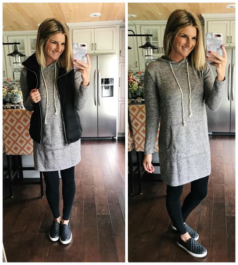 Tunic Vest, Tunic Outfit, Tunics With Leggings, Shiny Leggings, Weekly Outfits, Legging Outfits, Petite Outfits, Sweatshirt Dress, Autumn Fashion Women