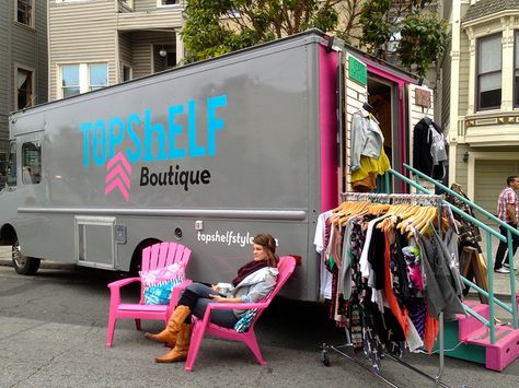 TopShelf Mobile BOutique by Lynn Friedman, via Flickr Fashion Trucks Mobile Boutique, Mobile Retail Store, Truck Boutique, Pop Up Shop Ideas, Mobile Fashion Truck, Director Chairs, Truck Store, New York City Images, Boutique Inspiration