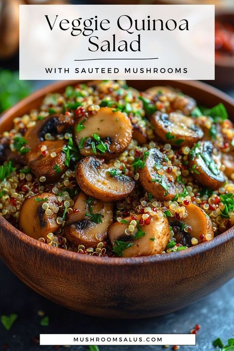 A colorful Veggie Quinoa Salad served in a wooden bowl, featuring sautéed mushrooms, fresh parsley, and a mix of red and white quinoa, highlighting a healthy and nutritious meal. Mushroom Bowl Recipe, Mushroom Quinoa Recipes, Cleanse Meals, Veggie Quinoa Salad, Veggie Quinoa, Mushroom Quinoa, Quinoa Salad Recipe, Quinoa Bowls, Sautéed Mushrooms