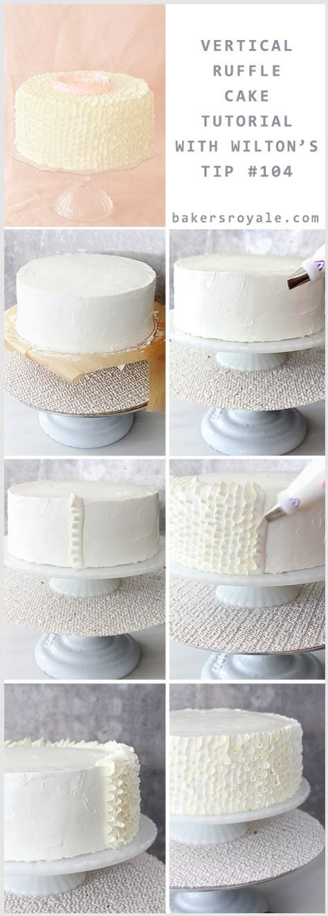 Vertical Ruffle Tutorial-Bakers Royale Ruffle Cake Tutorial, Frost A Cake, Decorate A Cake, Frosting Techniques, Make A Cake, Frosting Tips, Ruffle Cake, Cake Icing, Cake Decorating Tutorials