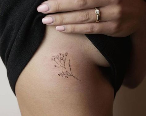 Small Fine Line Rib Tattoo, Fine Line Flower Rib Tattoo, Baby's Breath Flower Tattoo, Baby Breath Bouquet Tattoo, Fine Line Flower Tattoo Placement, Fine Line Flowers Tattoo, Delicate Rib Tattoo, Rib Tattoo Fine Line, Baby S Breath Tattoo