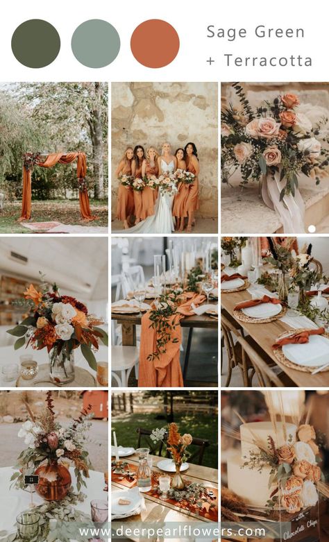 Wedding Theme Color Schemes, Fall Wedding Color Schemes, Wedding Color Scheme, Wedding Color Pallet, Fall Wedding Color Palette, Terracotta Wedding, Wedding Themes Fall, Sage Green Wedding, Wedding Palette