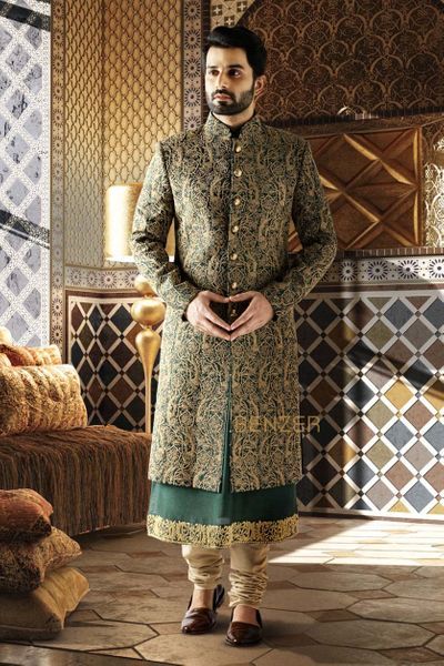 Photo From Collection 2019 - By Benzer for Men Green Sherwani, India Fashion Men, Indian Wedding Suits Men, Indian Groom Dress, Best Indian Wedding Dresses, Sherwani For Men Wedding, Wedding Kurta For Men, Groom Dress Men, Indian Groom Wear