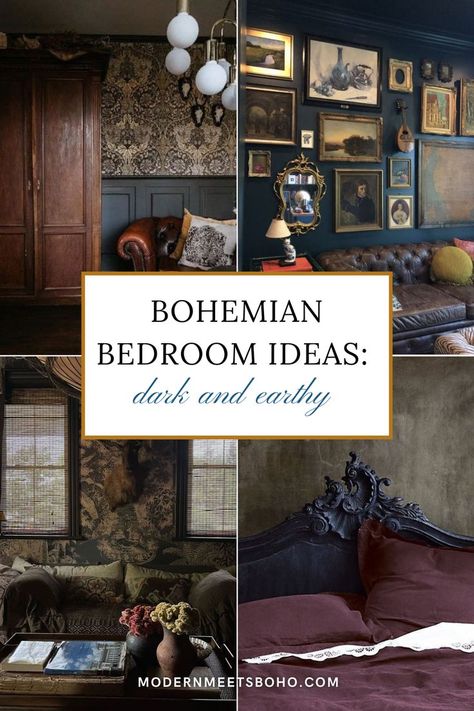 Loving these bohemian bedroom ideas, they are dark, earthy, and somewhat Victorian or gothic. Obsessed! Dark Boho Bedroom Aesthetic, Dark Bohemian Aesthetic, Boho Gothic Bedroom, Dark Bohemian Bedroom, Dark Earthy Aesthetic, Gothic Boho Bedroom, Moody Boho Bedroom, Feminine Academia, Boho Decor Diy Cheap