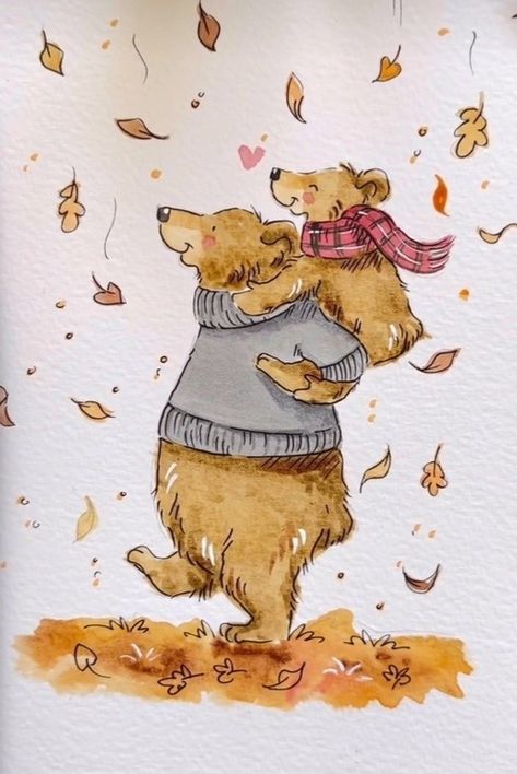 Drawing About Yourself, Fall Animals Drawing, Autumn Watercolor Illustration, Vintage Bear Illustration, Cute Animals Illustration, Doodle Bear, Anita Jeram, Watercolour Ideas, Bear Watercolor