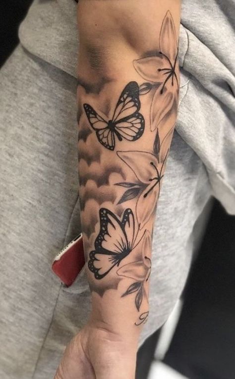 Tattoo With Clouds, Butterfly Sleeve Tattoo, Butterfly With Flowers Tattoo, Butterfly Tattoos On Arm, Butterfly Tattoos For Women, Tattoos For Women Half Sleeve, Black Girls With Tattoos, Spine Tattoos For Women, Forearm Tattoo Women