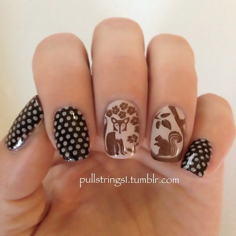 pullstrings1:  woodland animals mani  Another beautiful mani by... Fairy Beauty, Animal Nail Designs, Dot Nail Designs, Jazz Hands, Sweet Nails, Thanksgiving Nail Art, Nails Opi, Nail Stamp, Animal Nail Art