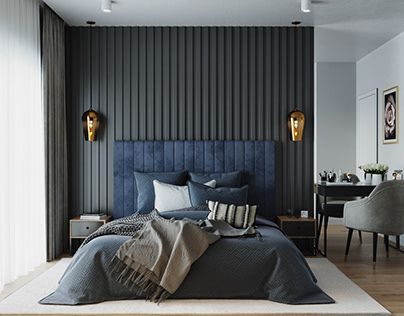 Navy Blue Modern Bedroom, Modern Navy Blue Bedroom, Modern Scandinavian Interior Bedroom, Modern Minimalist Bedroom Luxury, Luxury Blue Bedroom, Modern House Bedroom Design, Blue And Black Bedroom Ideas, Blue Headboard Bedroom, Modern Blue Bedroom