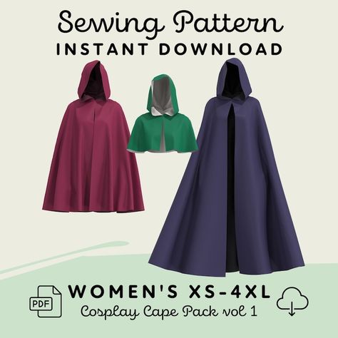 Hooded Cape Sewing Pattern Pack Womens XS-4XL Cape PDF Cosplay Pattern Digital Download Print at Home Pattern - Etsy Cloak Pattern Hooded, Marcille Cosplay, Hooded Cloak Pattern, Elven Outfit, Anime Character Cosplay, Cloak Sewing Pattern, Cape Pattern Free, Hooded Cape Pattern, Cape Fantasy