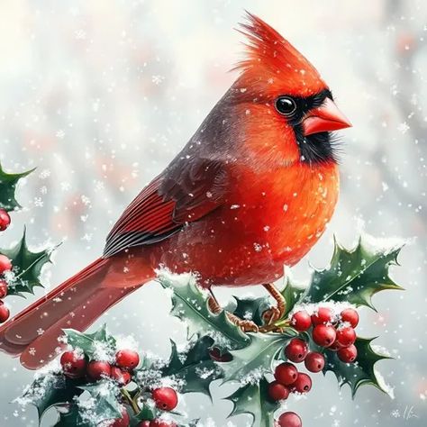 ↑↑↑ Larger size on website 🔸 A bright red cardinal perches on a holly branch, its feathers catching the falling snow. The bird's Sharp Eyes, Holly Branch, Falling Snow, Cardinal Bird, Snowy Winter, Cardinal Birds, Red Cardinal, Winter Scene, Holly Leaf