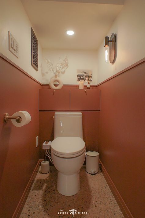 If you saw my spa bathroom makeover, you might have noticed that my toilet was nowhere to be found - that's because it's actually in a separate small space! I madeover my small powder room / water closet / toilet room (whatever you want to call it!) to be a vintage-inspired dark and moody space. I used DIY cabinets and trim with a terracotta accent and modern decor touches to make it the serence room I was dreaming it to be. Click to see how I did it all! Water Closet Decor, Sideboard Upcycle, The Sorry Girls, Toilet Room Decor, Small Toilet Room, Powder Room Makeover, Diy Toilet, Guest Toilet, Downstairs Toilet