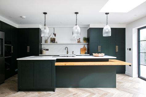 Westward Ho | Naked Kitchens Tiered Kitchen Island, Two Tier Kitchen Island, Naked Doors, Contemporary Shaker Kitchen, Green Shaker Kitchen, Kitchen Work Triangle, Tall Kitchen Cabinets, Kitchen Triangle, Tall Kitchen