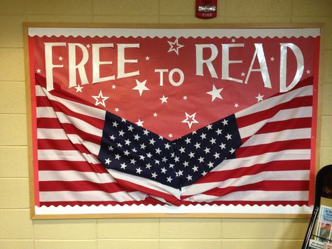 Library Patriotic Library Displays, Bookflix Library Display, Library End Of Year Bulletin Board, Library Holiday Bulletin Boards, Banned Books Display School Libraries, Library Bulletin Board, Library Bulletin Boards, Book Fair, Library Decor