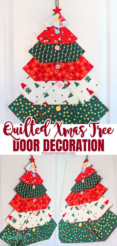 QUILTED CHRISTMAS TREE DOOR HANGING Fabric Tree Ornaments Free Pattern, Christmas Crafts With Fabric, Quilted Christmas Tree, Christmas Tree Wall Hanging, Christmas Tree Door, Fabric Christmas Decorations, Christmas Tree Skirts Patterns, Christmas Quilt Blocks, Christmas Bazaar