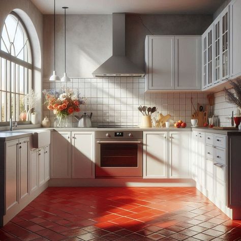 Red Kitchen Kitchen With Red Tile Floor, Red Floor Kitchen, Red Oxide Flooring, Oxide Flooring, Red Kitchen Ideas, Red Tile Floor, Red Appliances, Red Kitchen Cabinets, Red Backsplash