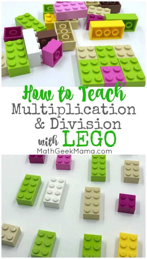 Make multiplication and division fun and hands on with LEGO bricks! In this post, learn all the different ways to model multiplication with LEGO and how to help kids make sense of division in a meaningful way. #teachingmath #LEGOlearning #multiplicationanddivision #mathtips #funmathpractice #LEGObricks #numbersense #mathgeekmama Lego Fractions, Teaching Division, Teach Multiplication, Multiplication Fun, Lego Math, Teaching Multiplication, Math Geek, Lego Activities, Math Multiplication