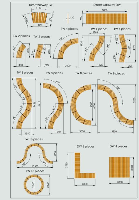 Make your own design walkway!  Walkways with geotextile are best on grass planted surfaces. The geotextile ensures that grass doesn't grow through. Cheap solution for bigger or smaller outdoor flooring areas! The radius curves are an economical solution for creating unique and evocative paths in your garden. By connecting the wooden walkways together with rounded curves it will be possible to draw sinuous paths that avoid obstacles, giving your green space an original and refined look. Thanks to the curves, the routes will be able to adapt perfectly to the terrain, bypassing trees or other elements present. Resistant to atmospheric agents and easy to install, these wooden walkways with curved joints will allow you to enhance every corner of your garden with style, creating fluid and evocat Curved Lawn, Outdoor Flooring Ideas, U Shaped Staircase, Wooden Pathway, Side Walk, Paving Ideas, Wooden Walkways, Front Walkway, Backyard Seating