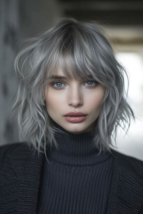 Grey Hair Fringe, Shaggy Lob With Bangs, With Bangs Hairstyle, Lob Haircut With Bangs, Shaggy Lob, Grey Hair With Bangs, Lob With Bangs, Lob Styling, Chic Hairstyle