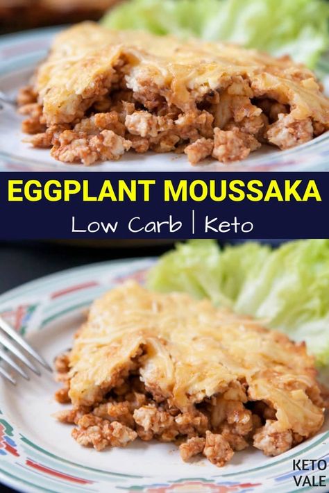 Keto Eggplant Moussaka with Chicken Low Carb Recipe via @ketovale Keto Eggplant Lasagna, Keto Eggplant Recipes, Low Carb Eggplant Recipes, Keto Eggplant Parmesan, Keto Lasagne, Eggplant Dinner, Eggplant Bake, Eggplant Recipes Healthy, Keto Eggplant