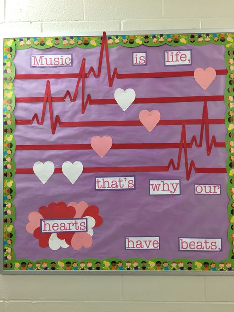 "Music is life, that's why our hearts have beats." Valentine's music bulletin board Education Bulletin Boards, Music Room Bulletin Boards, Music Classroom Bulletin Boards, Music Bulletin Board, Music Bulletin Boards, Valentine Music, Music Classroom Decor, Valentines Day Bulletin Board, Elementary Music Lessons