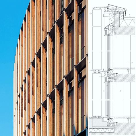 Wood Facade Detail, Curtain Wall Detail, Wood Facade, Wooden Facade, Concept Models Architecture, Facade Material, Timber Structure, Architectural Section, Architecture Concept Drawings