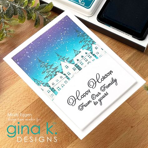 Christmas Village Card, Winter Wonderland Card, Winter Whimsy, Snowy Village, Heat Embossing, Gina K Designs, Ink Blending, Gina K, Holiday Stamping