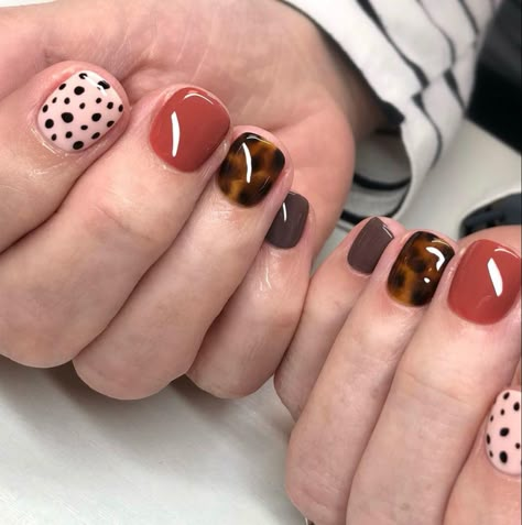 Fall Tortoise Shell Nails, Short Fall Manicure, Short Gel Nails Fall, Tortie Nails, Otoño Nails, Gelish Polish, Tortoise Shell Nails, Nail Inspo Short, Shell Nails