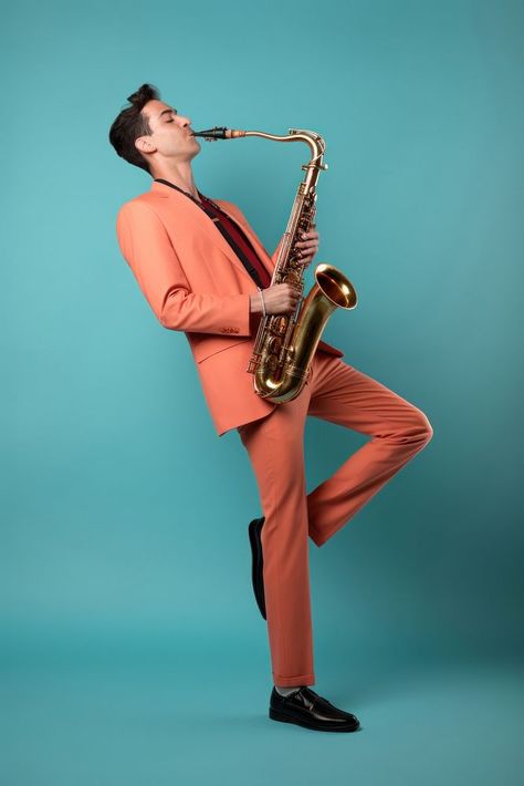 Saxophone musician adult entertainment. AI generated Image by rawpixel. | free image by rawpixel.com / Rawpixel Ling Saxophone Pose Reference, Man Playing Saxophone, Saxophone Photography, Body Man, Senior Posing, Creative Gift Wraps, Gift Wraps, Tenor Sax, Pose References