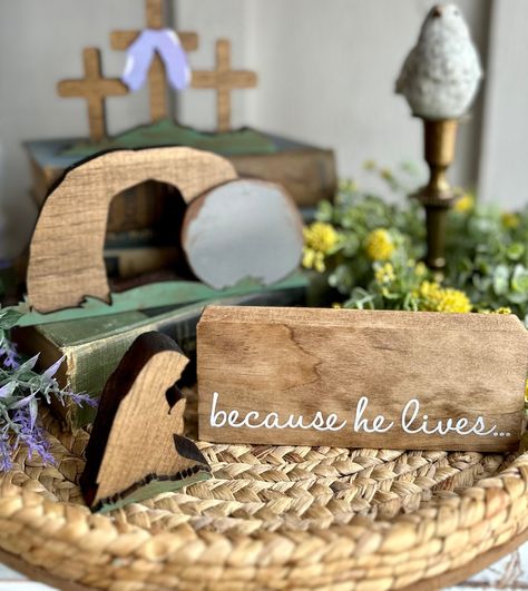 Easter Empty Tomb, Easter Tray Decor, Pine Shelving, Christian Easter Decor, Easter Tray, Mary The Mother Of Jesus, Jesus Decor, Purple Cloth, Three Crosses