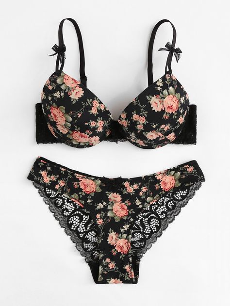 Shein Flower Print Lace Insert Lingerie Set Floral Lingerie, Pretty Bras, Lingerie Inspiration, Bra Pattern, Cute Lingerie, Pretty Lingerie, Lace Insert, Bra And Panty Sets, Beautiful Lingerie