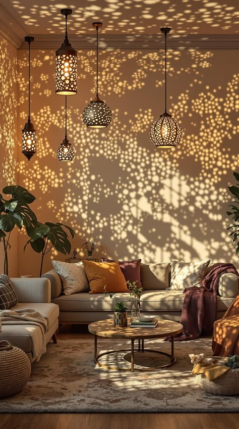 Cozy Lighting Living Room Paper Lanterns Living Room, Cozy Room Lighting Ideas, Soft Ambient Lighting, Hygge Lighting Ideas, Ambiance Lighting Living Room, Living Room Mood Lighting, Fairy Lights Living Room, Cozy Lighting Living Room, Living Room String Lights