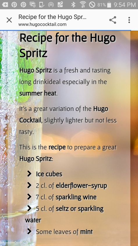 Hugo Drink Recipe, Hugo Spritz Cocktails, Hugo Cocktail Recipe, Hugo Recipe, Hugo Spritz Recipe, Speakeasy Drinks, Hugo Drink, Spritz Recipes, Spritz Hugo