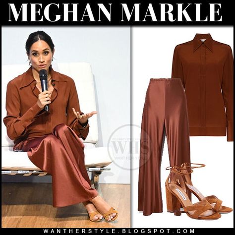 Meghan Markle in brown silk victoria beckham shirt and brown satin pants la ligne colby Silk Shirt Outfit Casual, Brown Satin Pants, Brown Silk Shirt, Shirt Outfit Casual, Silk Shirt Outfit, Blush Pink Skirt, Meghan Markle Style, Smart Casual Style, Brown Satin