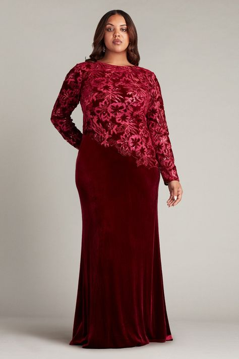 Find the Rose Red Tadashi Shoji CCG16206LXYQ Long Sleeve Formal Sequin Velvet Plus Size Dress at The Dress Outlet. Free shipping! Sequin Velvet Dress, Velvet Plus Size Dress, Velvet Gown Design, Homecoming Dresses Plus Size, Velvet Plus Size, Plus Size Gowns Formal, Baby Dedication, Plus Size Formal, Dresses Homecoming